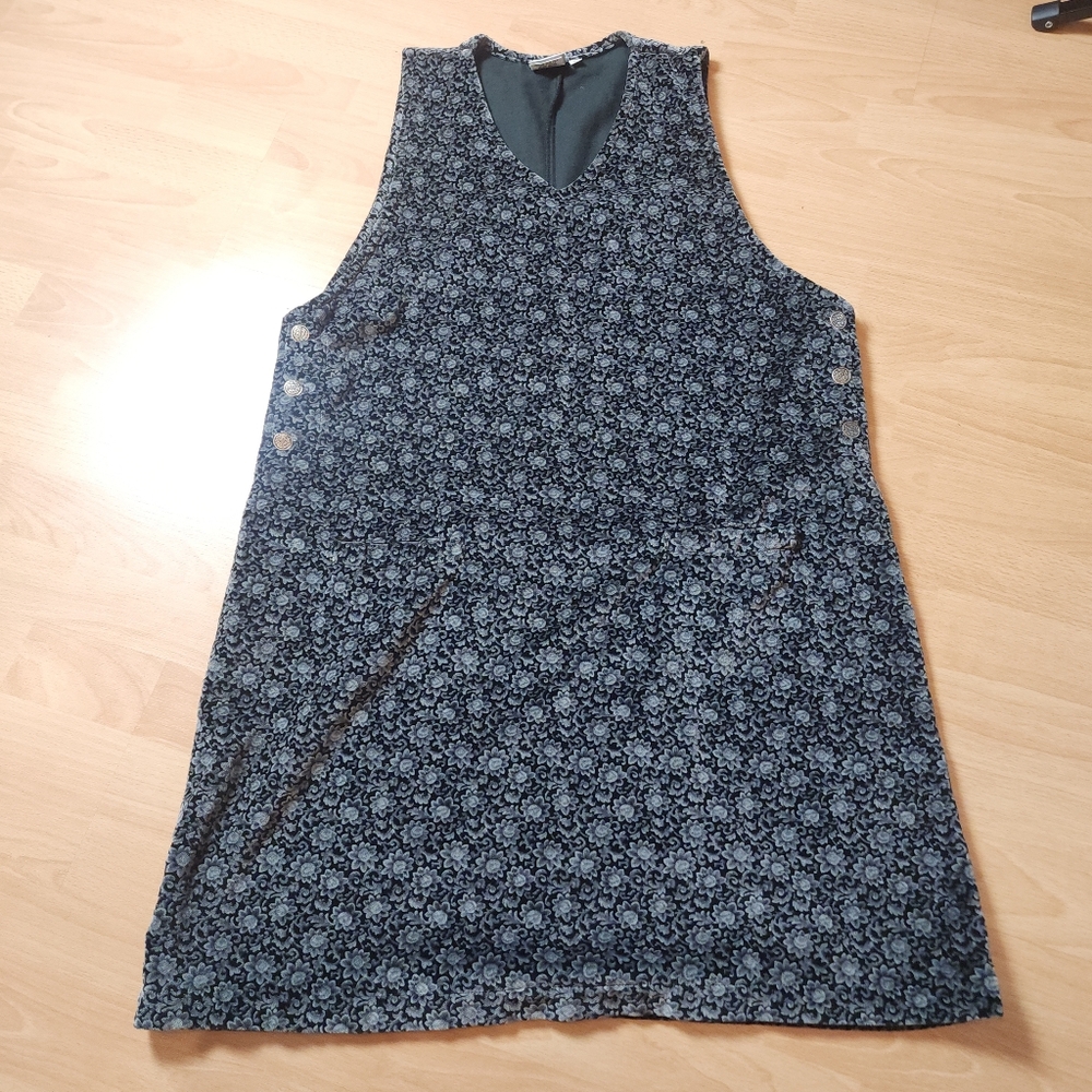 Vintage Match Velvet Black Grey Floral Sleeveless Dress Front Pockets Size XL